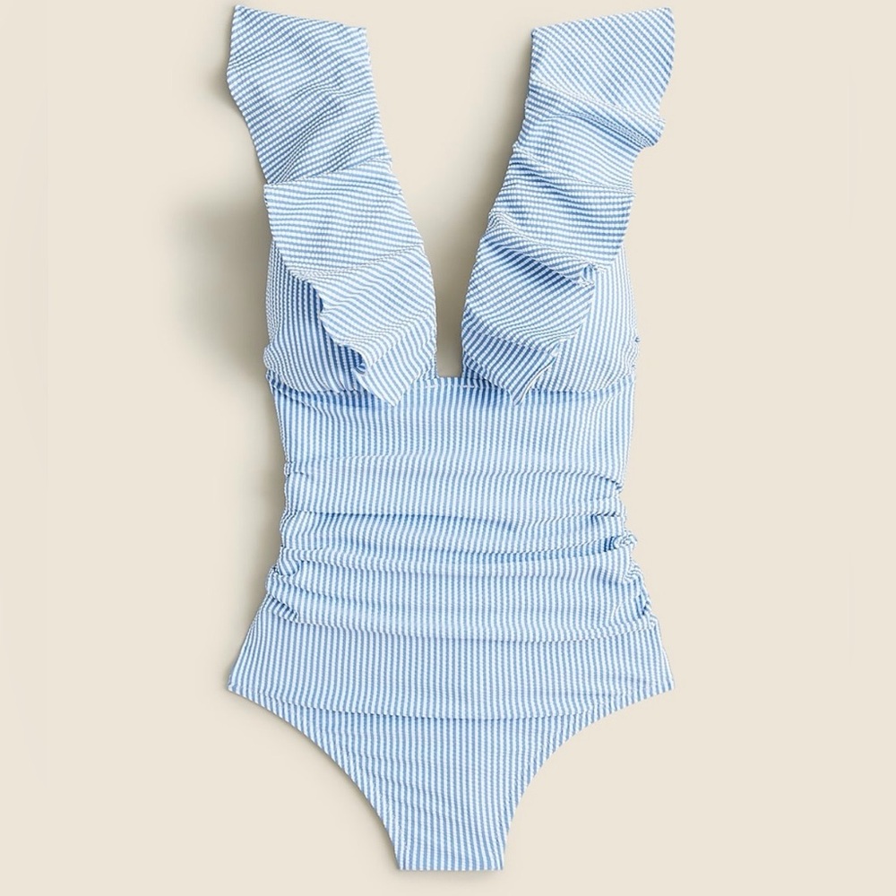 NWT J. Crew Preppy Striped Seersucker‎ Ruffle Strap V Neck One Piece Swimsuit